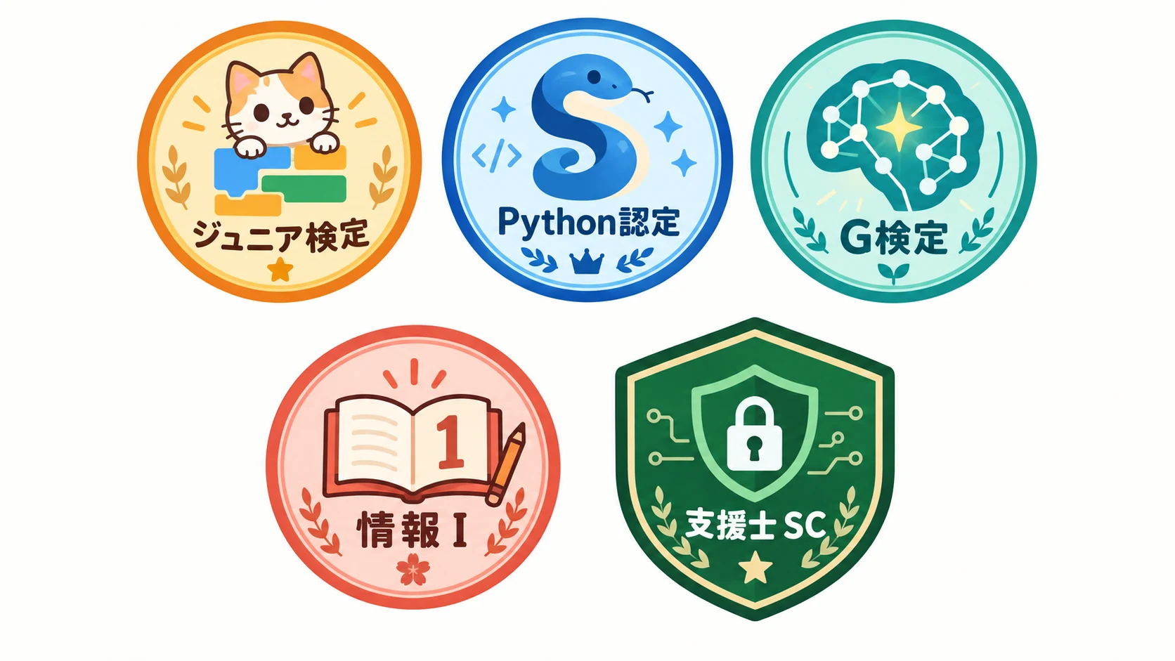 ジュニア検定、Python認定、G検定、情報Ⅰ、支援士SCの資格バッジ